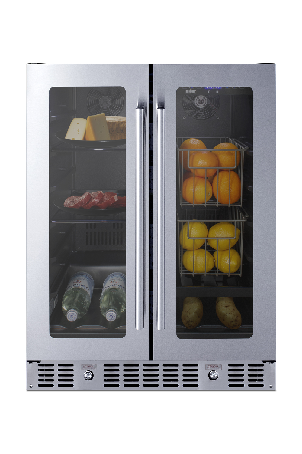 ADA compliant built-in or freestanding dual zone produce and beverage refrigerator with seamless stainless steel trimmed French doors, digital controls, and a stainless steel wrapped cabinet